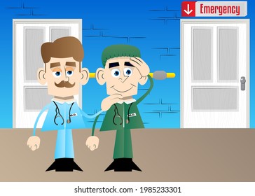 Funny cartoon doctor comforting another. Vector illustration.  Health care worker consoling his partner.