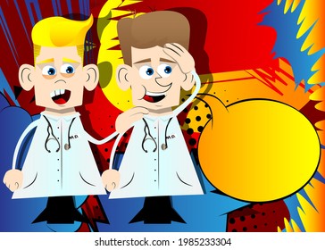 Funny cartoon doctor comforting another. Vector illustration.  Health care worker consoling his partner.