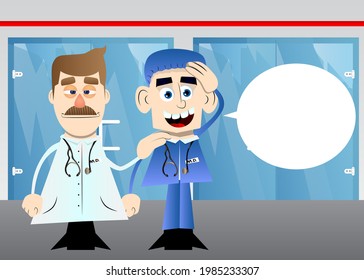 Funny cartoon doctor comforting another. Vector illustration.  Health care worker consoling his partner.