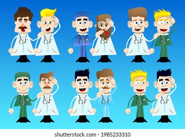 Funny cartoon doctor comforting another. Vector illustration.  Health care worker consoling his partner.