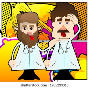 Funny cartoon doctor comforting another. Vector illustration.  Health care worker consoling his partner.