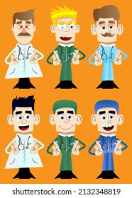 Funny cartoon doctor crossing his fingers and wishing for good luck. Vector illustration.