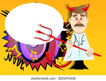 Funny Cartoon Doctor Devil With Pitchfork. Vector Illustration.