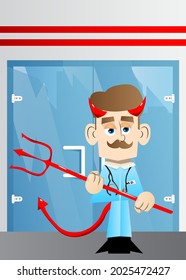 Funny Cartoon Doctor Devil With Pitchfork. Vector Illustration.