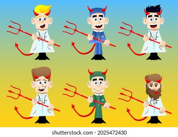 Funny Cartoon Doctor Devil With Pitchfork. Vector Illustration.