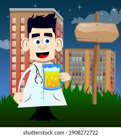 Funny cartoon doctor drinking beer. Vector illustration. Relaxing health care worker.