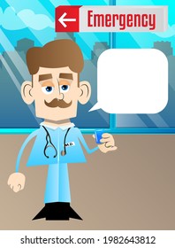 Funny Cartoon Doctor Drinking Brandy. Vector Illustration. Health Care Worker With  Small Glass Of Alcohol.