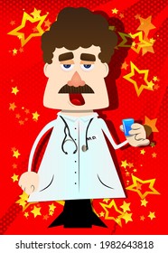 Funny Cartoon Doctor Drinking Brandy. Vector Illustration. Health Care Worker With  Small Glass Of Alcohol.