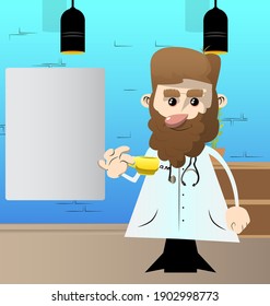 Funny cartoon doctor drinking coffee. Medical Worker on a break. Vector illustration.