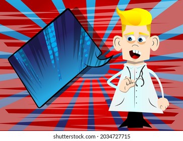 Gracioso doctor de caricaturas haciendo gestos de una pequeña cantidad con la mano. Ilustración vectorial.