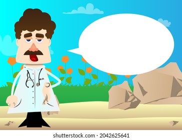 Funny cartoon doctor giving a hand. Vector illustration. Health care worker greeting you.