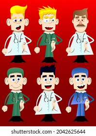 Funny cartoon doctor giving a hand. Vector illustration. Health care worker greeting you.