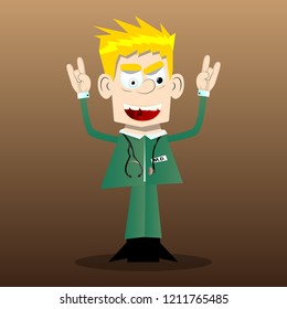 Funny cartoon doctor with hands in rocker pose. Vector illustration.