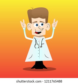 Funny cartoon doctor with hands in rocker pose. Vector illustration.