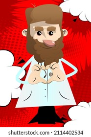 Funny cartoon doctor with heart shape hand gesture. Vector illustration.