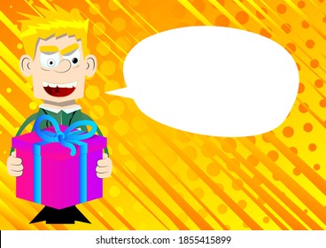 Funny cartoon doctor holding big gift box. Vector illustration. Medical holiday card.