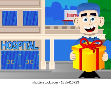 Funny cartoon doctor holding big gift box. Vector illustration. Medical holiday card.