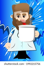 Funny cartoon doctor holding big mug. Vector illustration. Health care worker with a huge cup.