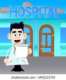 Funny cartoon doctor holding big mug. Vector illustration. Health care worker with a huge cup.
