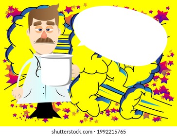 Funny cartoon doctor holding big mug. Vector illustration. Health care worker with a huge cup.