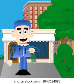 Funny cartoon doctor holding a bottle. Vector illustration of a man from the Hospital.