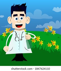 Funny cartoon doctor holding a bottle. Vector illustration of a man from the Hospital.