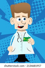 Funny cartoon doctor holding credit card. Vector illustration.