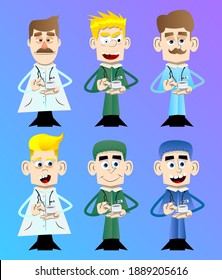 Funny cartoon doctor holding a cup of coffee. Vector illustration. Health care worker taking a break.