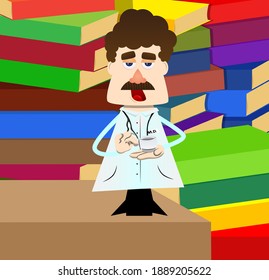 Funny cartoon doctor holding a cup of coffee. Vector illustration. Health care worker taking a break.