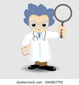 Funny cartoon doctor holding a file or magnifying glass.