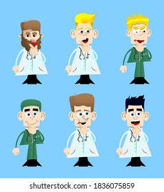 Funny cartoon doctor holding finger front of his mouth. Vector illustration.