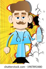 Funny cartoon doctor holding a glass of water. Vector illustration. Health care worker with  a bottle.