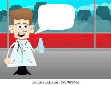 Funny cartoon doctor holding a glass of water. Vector illustration. Health care worker with  a bottle.