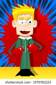 Funny cartoon doctor holding his fists in front of him ready to fight wearing boxing gloves. Vector illustration.