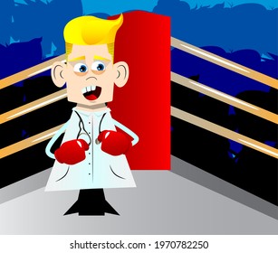Funny cartoon doctor holding his fists in front of him ready to fight wearing boxing gloves. Vector illustration.