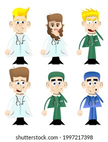 Funny cartoon doctor holding his nose because of a bad smell. Vector illustration. Health care worker.