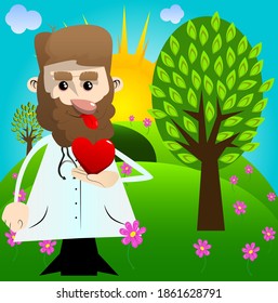 Funny cartoon doctor holding red heart in his hand. Vector illustration about health or love.