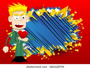 Funny cartoon doctor holding red heart in his hand. Vector illustration about health or love.