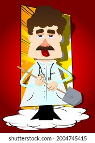 Funny cartoon doctor holding a shovel. Vector illustration. Health care worker ready to dig.