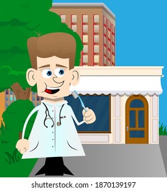 Funny cartoon doctor holding toothbrush. Vector illustration.
