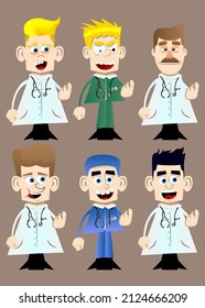 Funny cartoon doctor with inviting hand sign, to come here expression. Vector illustration.