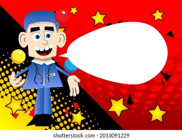 Funny cartoon doctor juggler. Vector illustration. Funny health care worker.