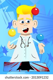 Funny cartoon doctor juggler. Vector illustration. Funny health care worker.