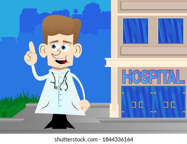 Funny cartoon doctor making a point. Vector illustration.