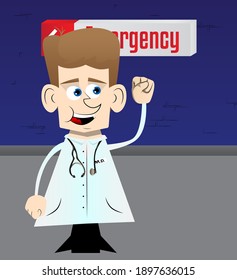Funny cartoon doctor making power to the people fist gesture. Vector illustration.