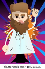Funny cartoon doctor making power to the people fist gesture. Vector illustration.