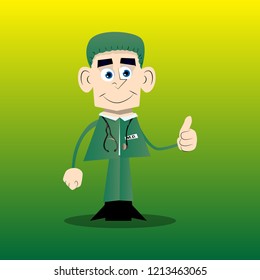 Funny cartoon doctor making thumbs up sign. Vector illustration.