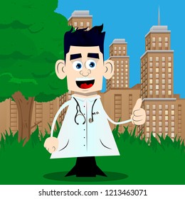 Funny cartoon doctor making thumbs up sign. Vector illustration.