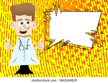 Funny cartoon doctor making thumbs up sign with two hands. Vector illustration.