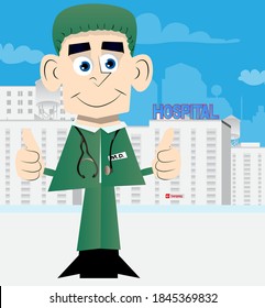 Funny cartoon doctor making thumbs up sign with two hands. Vector illustration.